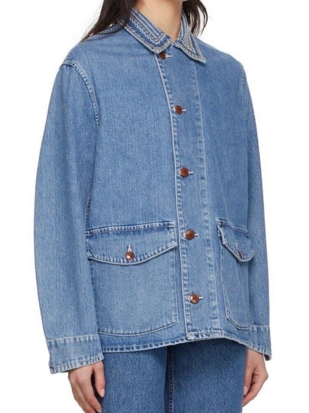 Re/Done 70s Denim Work Jacket with Embroidered Collar, oversized S - Picture 2 of 7